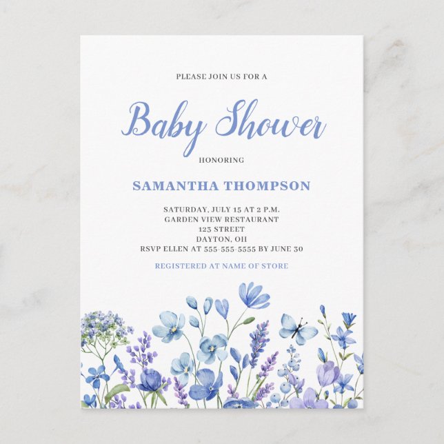 Delicate Blue Floral Baby Shower Invitation Postcard (Front)