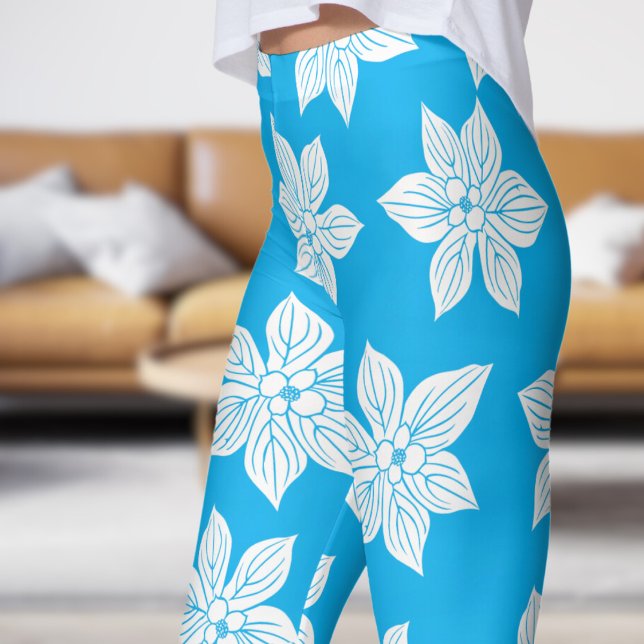 Delicate Blue Floral Bloom Pattern Leggings (Azure in Bloom )