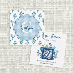 Delicate Blue Floral Monogram Cottagecore Square Business Card