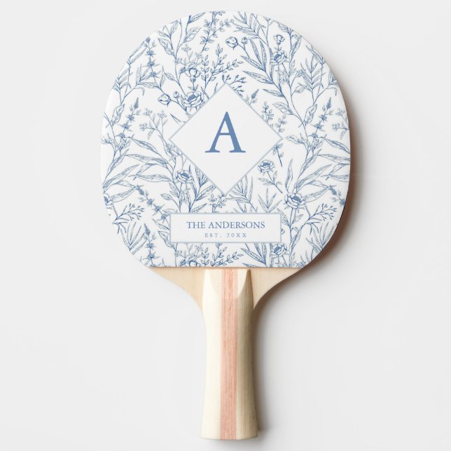 Delicate Blue Floral Monogram Ping Pong Paddle (Front)
