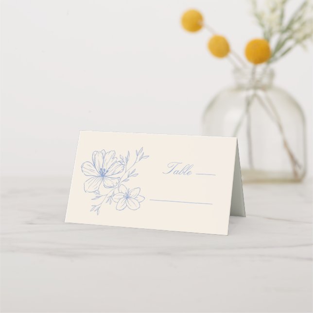 Delicate Blue Floral Monogrammed Crest Place Card (Front)