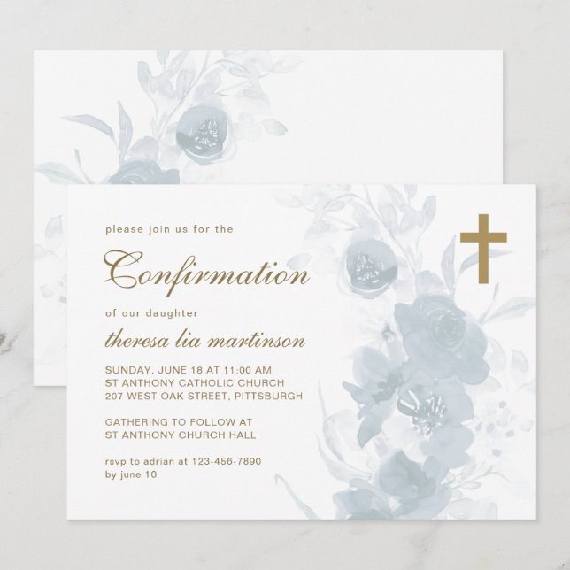 Delicate Blue Floral with Cross Confirmation Invitation (Front/Back)