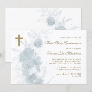 Delicate Blue Floral with Cross Holy Communion Invitation