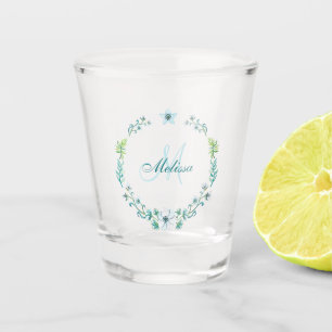 Delicate Blue Floral Wreath Personalized Shot Glass