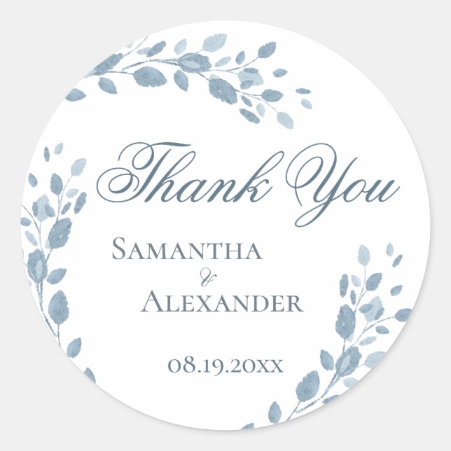 Delicate Blue Floral Wreath Wedding Thank You  Classic Round Sticker (Front)