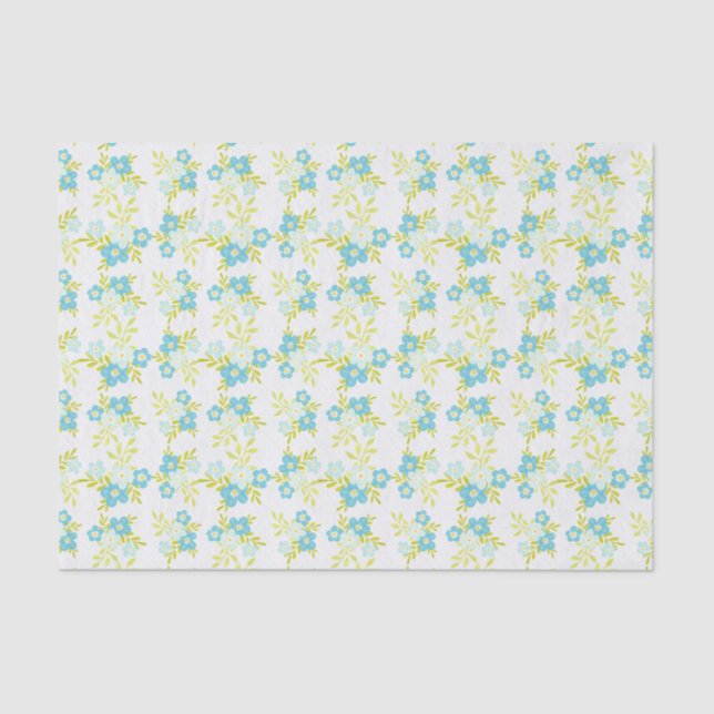 Delicate Blue Flowers Green Leaves on White Tissue Paper (Front)