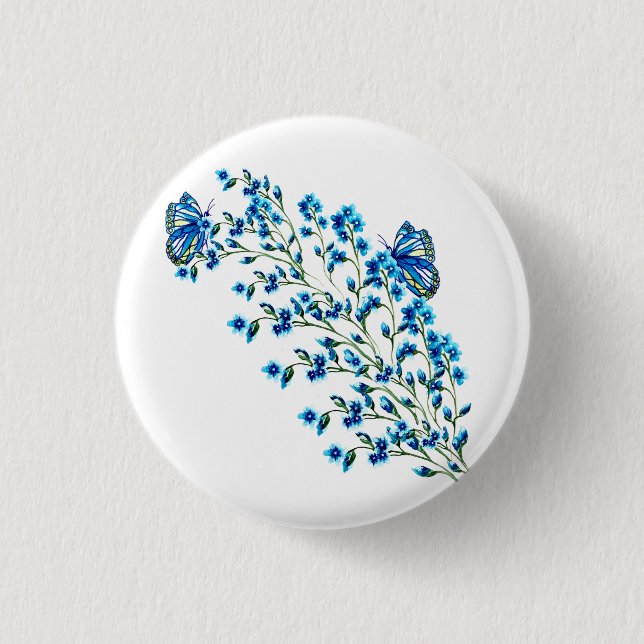 Delicate blue flowers with butterfly 1 inch round button (Front)