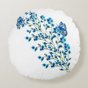 Delicate blue flowers with butterfly round pillow