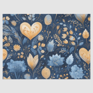 Delicate Blue Gold Floral Hearts Decoupage Tissue Paper