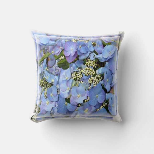 Delicate Blue Lacecap Hydrangea Throw Pillow (Front)