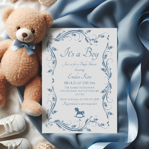 Delicate Blue Vintage Floral Boy Shower Invitation