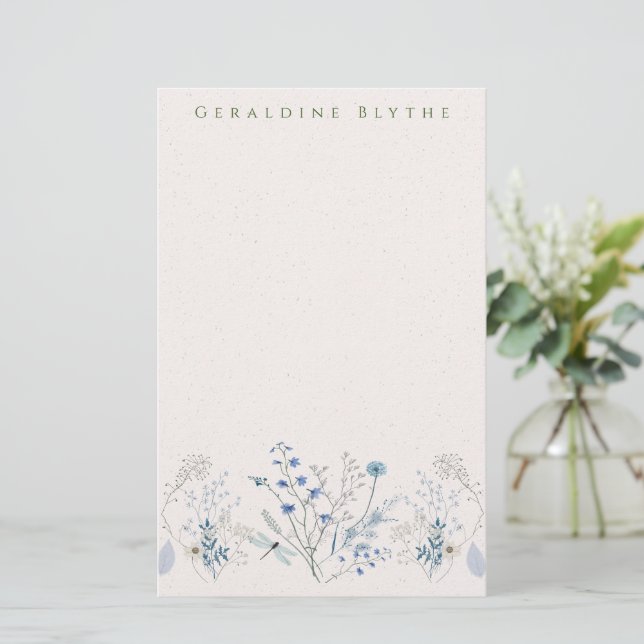 Delicate Blue Wildflower Border  Stationery (Standing Front)