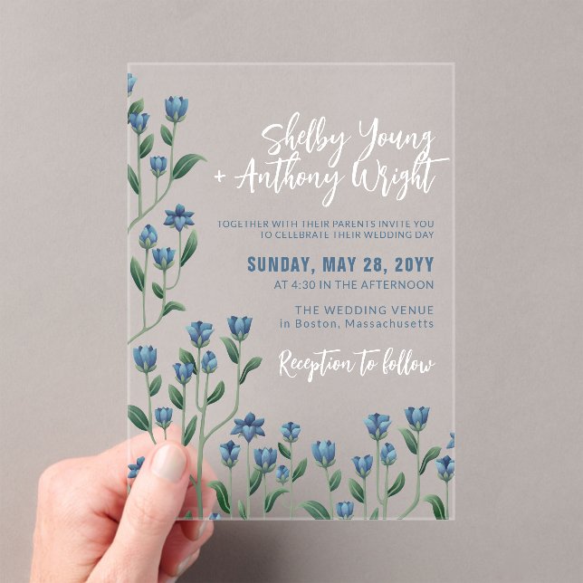 Delicate Blue Wildflowers Wedding Acrylic Invitations (Insitu (Handheld))