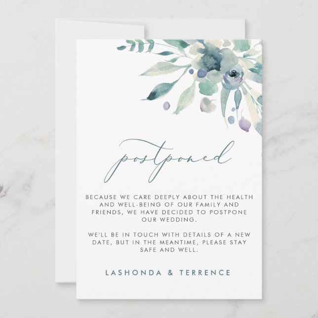 Delicate Blues Floral Wedding Postponement Announcement (Front)