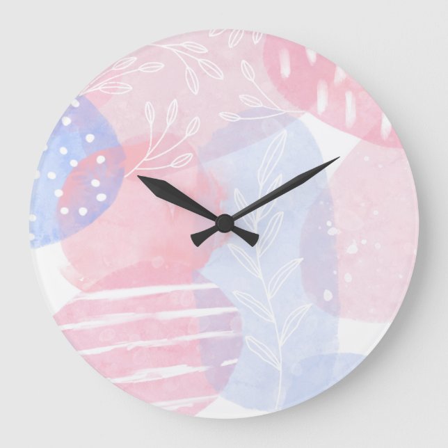 Delicate Blush and Blue Abstract Watercolor Shapes Large Clock (Front)