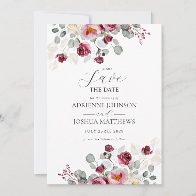 Delicate Blush & Burgundy Floral Wedding Save The Date (Front)