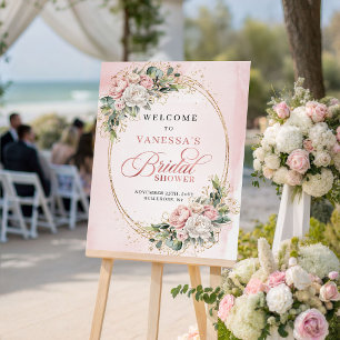 Delicate Blush Pink Floral Greenery Gold Welcome Poster