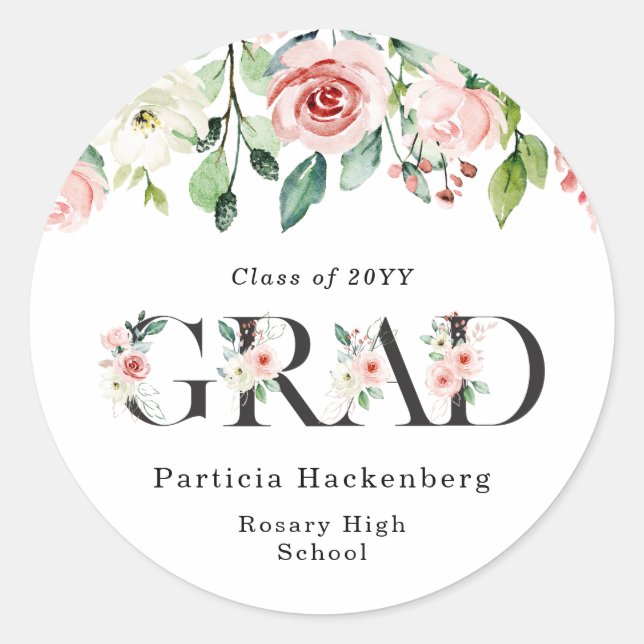 Delicate Blush Pink Floral Letters Graduation  Classic Round Sticker (Front)
