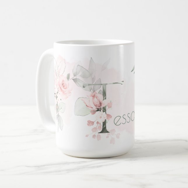 Delicate Blush Pink Rose Monogram Letter T Coffee Mug (Front Left)