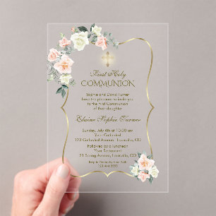 Delicate Blush White Flowers First Holy Communion Acrylic Invitations