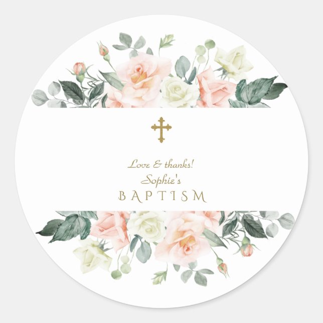 Delicate Blush White Flowers Gold Girl Baptism Classic Round Sticker (Front)