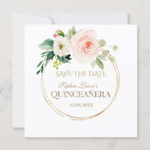 Delicate Blush White Flowers Gold Quinceañera Save The Date