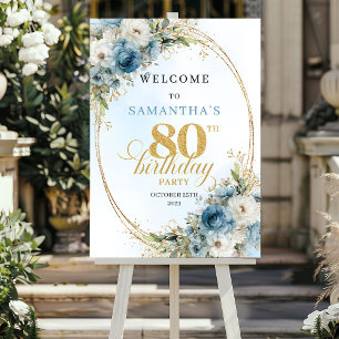 Delicate boho blue florals gold frame 80 birthday poster