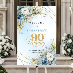 Delicate boho blue florals gold frame 90 birthday poster