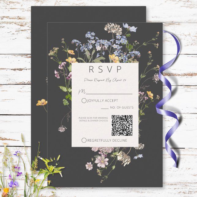 Delicate Boho Wildflowers Charcoal Wedding QR Code RSVP Card (Delicate Boho Wildflowers Charcoal Wedding QR Code RSVP Card)