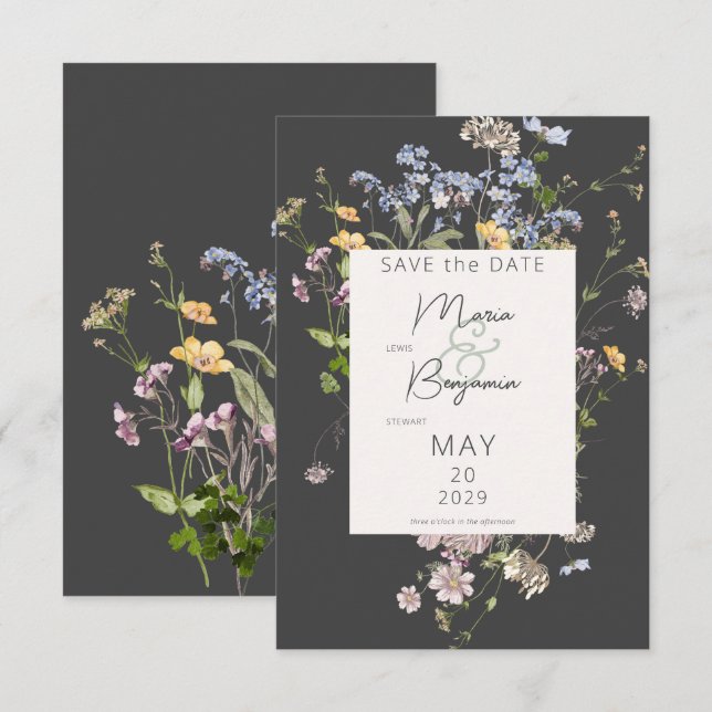 Delicate Boho Wildflowers Charcoal Wedding Save The Date (Front/Back)