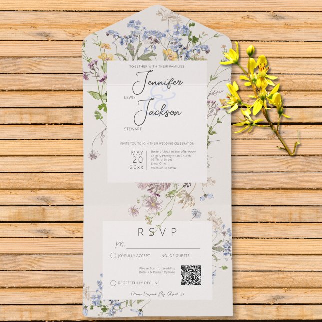 Delicate Boho Wildflowers Cream QR Code All In One Invitation (Delicate Boho Wildflowers Cream QR Code All In One Invitation)