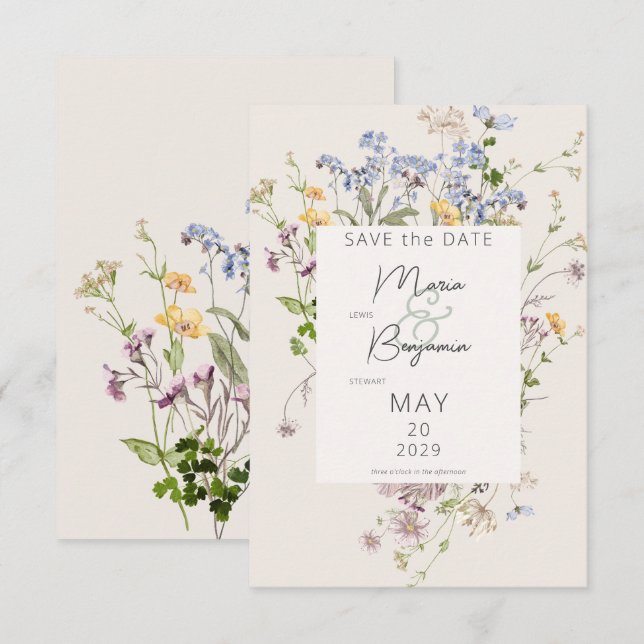 Delicate Boho Wildflowers Cream Wedding Save The Date (Front/Back)