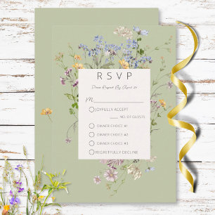Delicate Boho Wildflowers Green Three Dinner RSVP Card