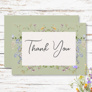 Delicate Boho Wildflowers Green Wedding Thank You Card