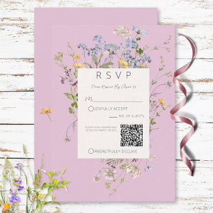 Delicate Boho Wildflowers Pink QR Code RSVP Card