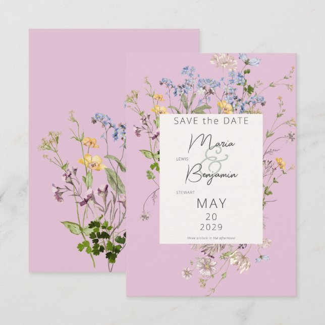 Delicate Boho Wildflowers Pink Wedding Save The Date (Front/Back)
