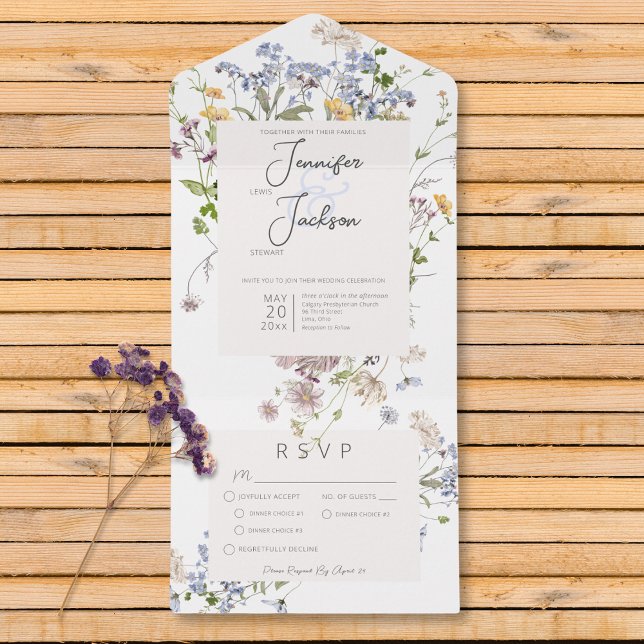 Delicate Boho Wildflowers White Dinner All In One Invitation (Delicate Boho Wildflowers White Dinner All In One Invitation)