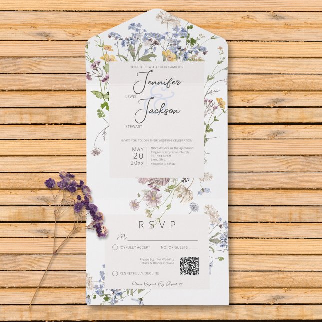 Delicate Boho Wildflowers White QR Code All In One Invitation (Delicate Boho Wildflowers White QR Code All In One Invitation)