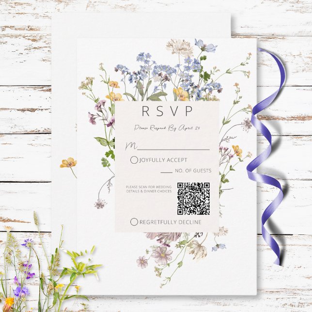 Delicate Boho Wildflowers White Wedding QR Code RSVP Card (Delicate Boho Wildflowers White Wedding QR Code RSVP Card)