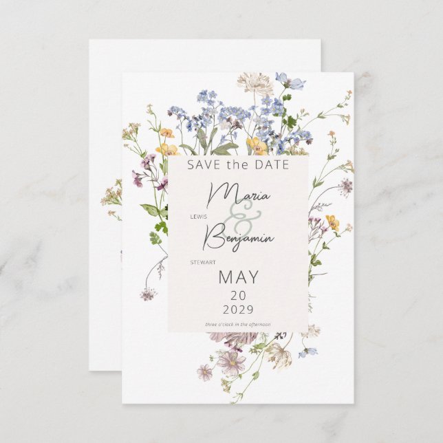 Delicate Boho Wildflowers White Wedding Save The Date (Front/Back)