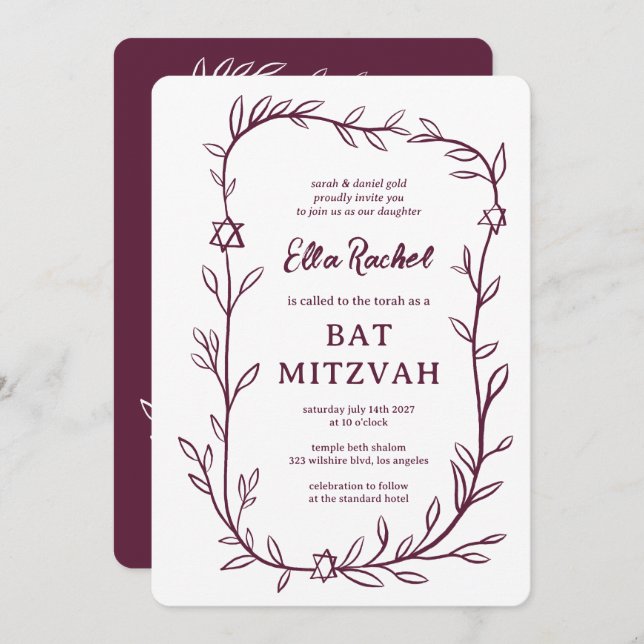 Delicate Botanical Bar Bat Mitzvah CUSTOM QR Code  Invitation (Front/Back)