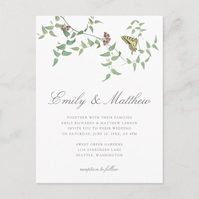 Delicate Botanical Butterfly Wedding Vintage Invit Postcard (Front)
