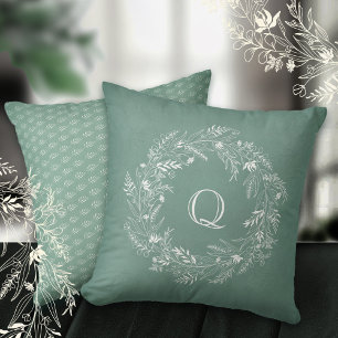 Delicate botanical greenery ring letter Q Throw Pillow