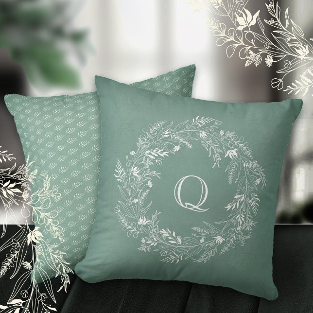 Delicate botanical greenery ring letter Q Throw Pillow (Creator Uploaded)
