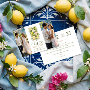 Delicate Botanical Lemon Floral 2-Photo Wedding Save The Date