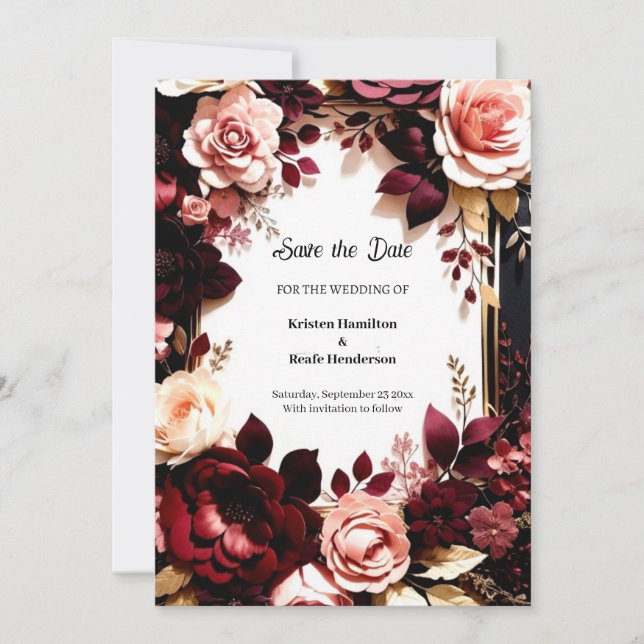 Delicate Burgundy Botanical Save The Date (Front)