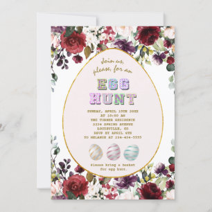 Delicate Burgundy Flowers Gold Egg Hunt Easter Invitation