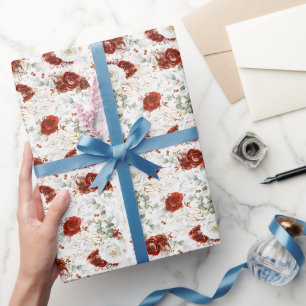 Delicate Burgundy Red Floral Botanical Gold Leaf Wrapping Paper