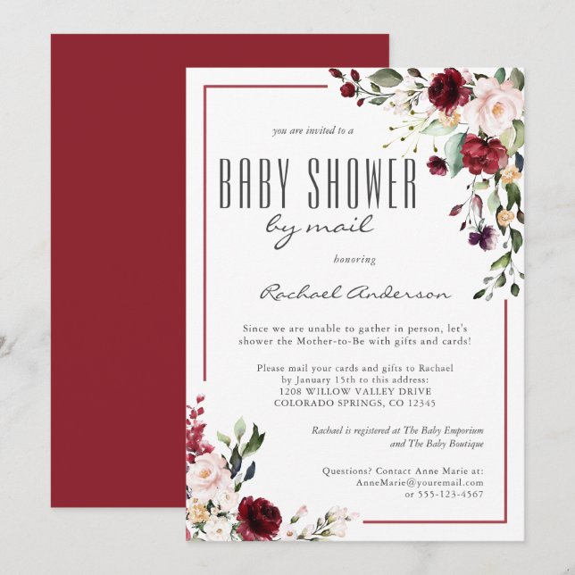 Delicate Burgundy Roses Baby Shower by Mail Invitation (Front/Back)