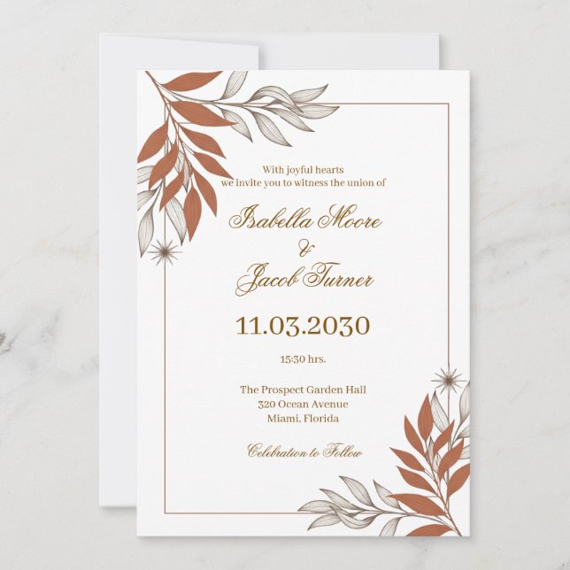 Delicate Burnt Orange Botanical Line Art Wedding Invitation (Front)